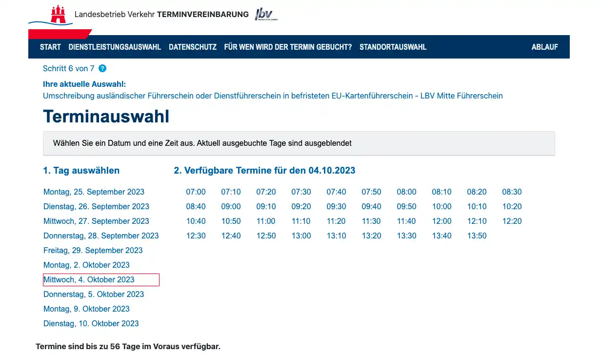 Seleccionar el día y horario para el turno.
