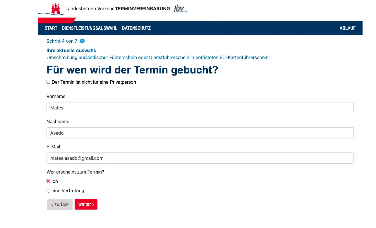 Llenar los datos requeridos y luego hacer click en 'ich' si el turno es para vos, si es para un tercero hacer click en 'eine Vertretung'.