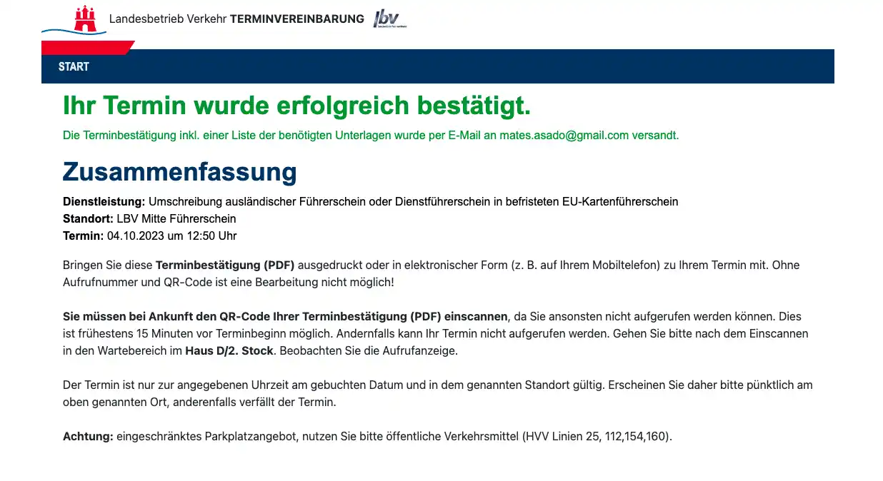 Confirmación del turno.