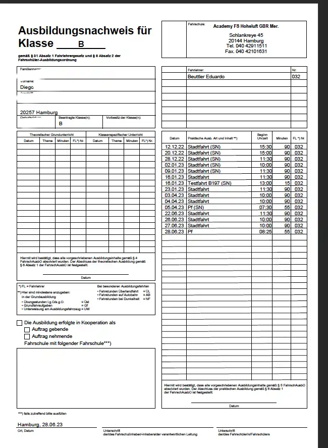 Comprobante de exámen aprobado con las categorias