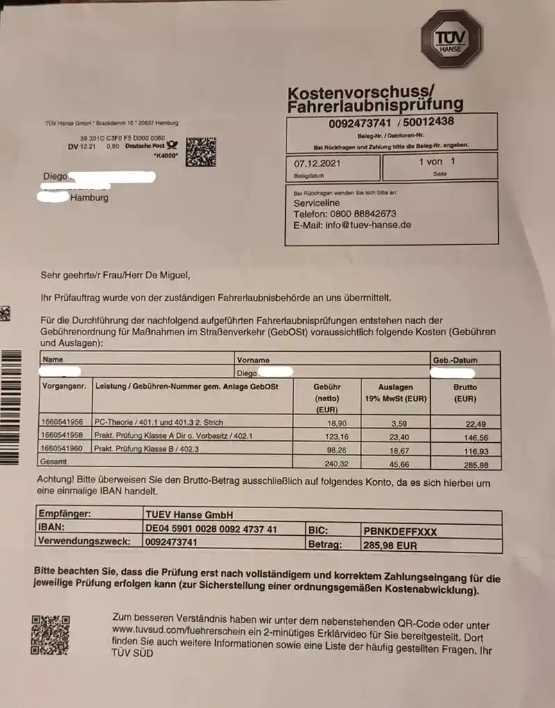 Kostenvorschuss/Fahrerlaubnisprüfung